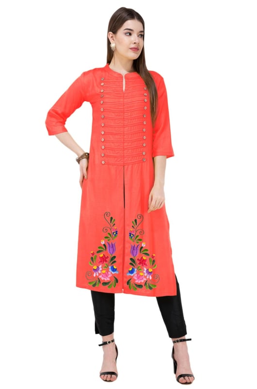 Red Cotton Embroidered Kurta with Bottom