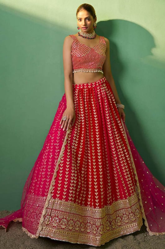 Red Embroidered Georgette Lehenga Choli for Wedding