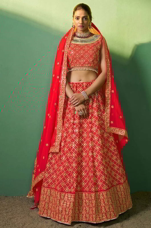 Red Embroidered Georgette Lehenga Choli for Wedding