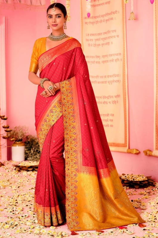 Red Embroidered Nylon Dola Silk Saree