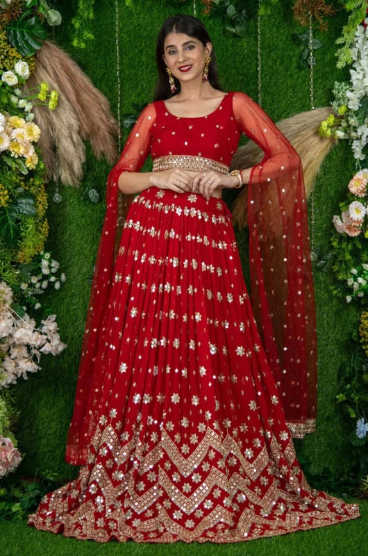 Red Faux Georgette Sequins Embroidered Lehenga Choli Set for Wedding