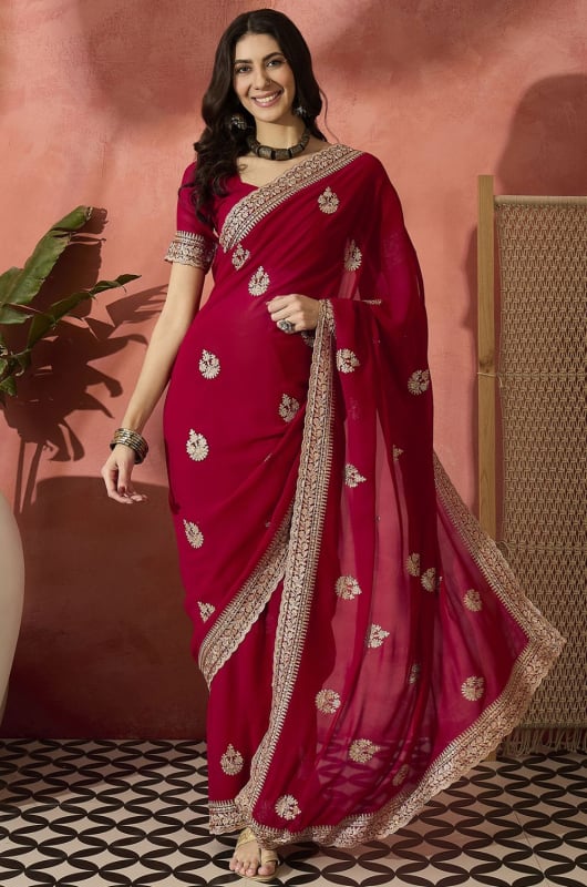 Red Georgette Embroidered Party Wear Saree