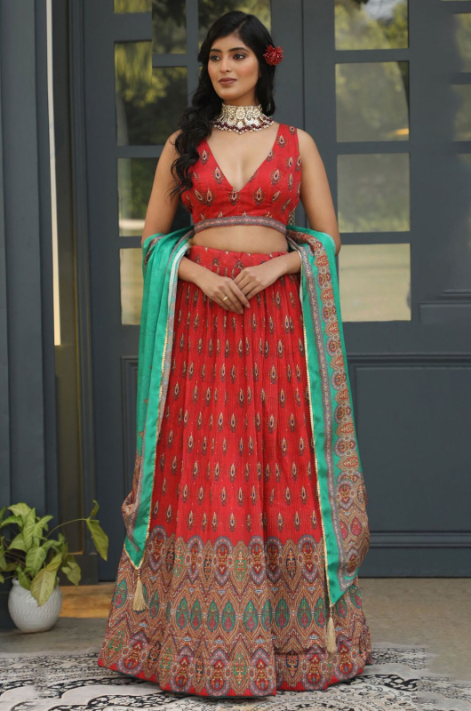 Red Satin Silk Digital Printed Party Wear Lehenga Choli Set