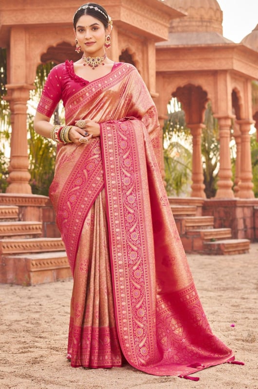 Rose Gold Banarasi Silk Zari Woven Saree for Festival