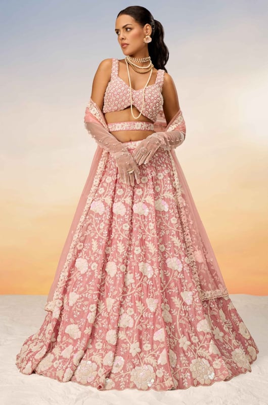 Rose Gold Embroidered Designer Lehenga Choli Set for Ceremonial
