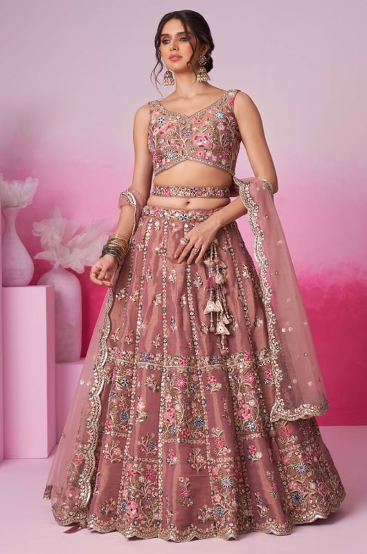 Rose Gold Embroidered Designer Lehenga Choli Set for Ceremonial