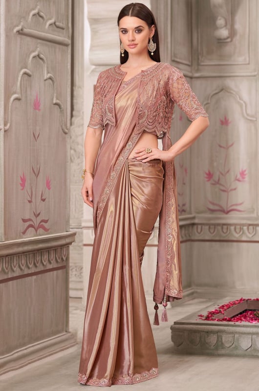 Rose Gold Georgette Saree with Embroidered Blouse