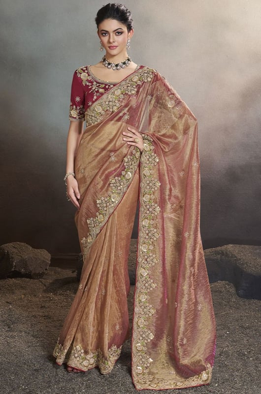 Rose Gold Saree with Embroidered Blouse