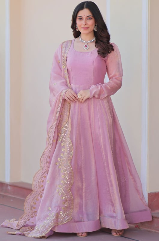 Rose Pink Embroidered Fendi Chiffon Anarkali Gown with Dupatta