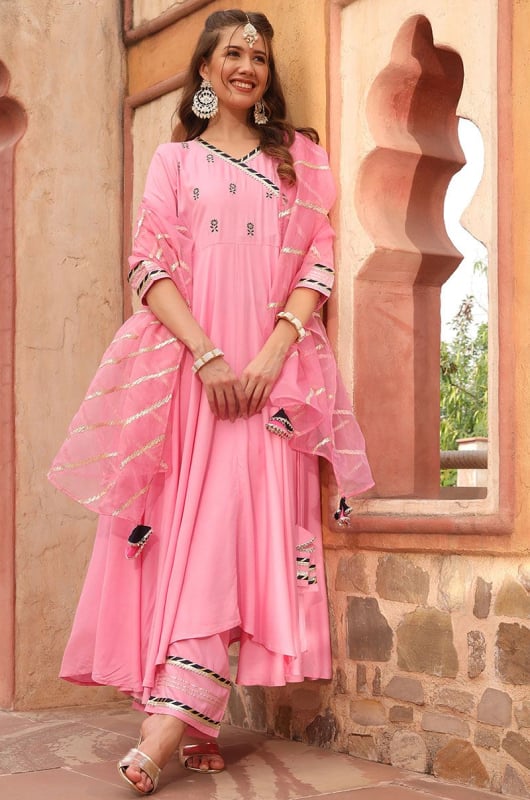 Rose Pink Rayon Readymade Anarkali Suit