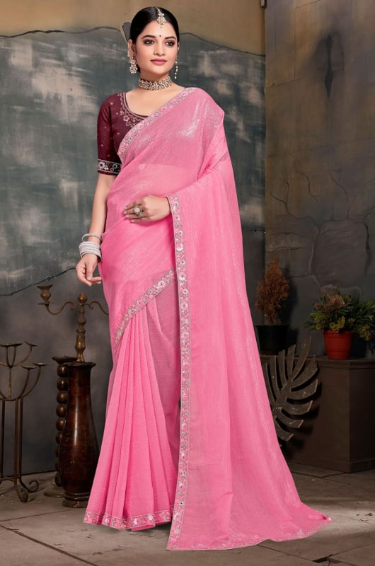 Rose Pink Silk Sequins Embroidered Saree