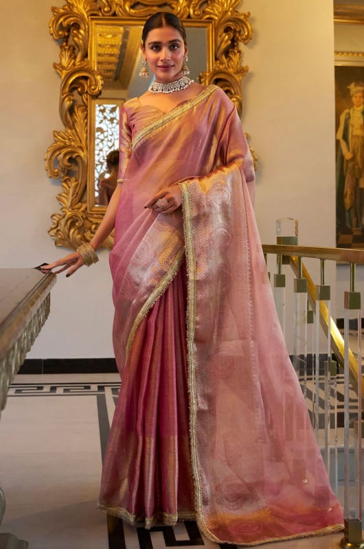 Rose Pink Tissue Shimmer Party Wear Saree