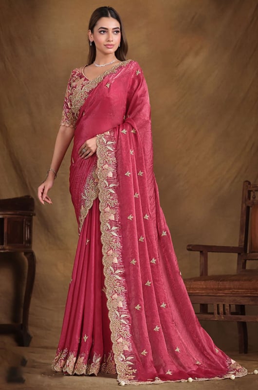 Rouge Pink Heavy Embroidered Designer Saree