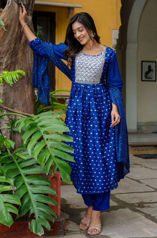 Royal Blue Embroidered Chanderi Readymade Suit