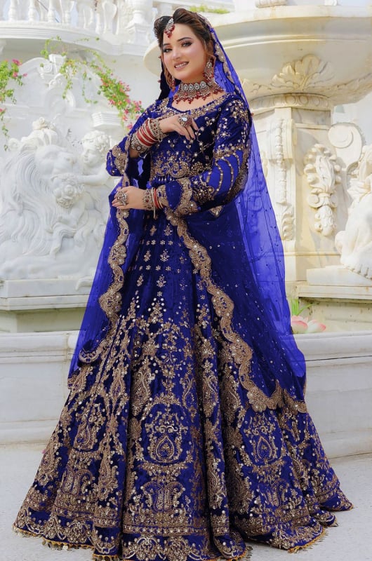 Royal Blue Embroidered Velvet Bridal Lehenga Choli