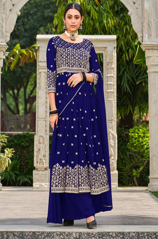 Royal Blue Pure Faux Georgette Palazzo Kameez Suit