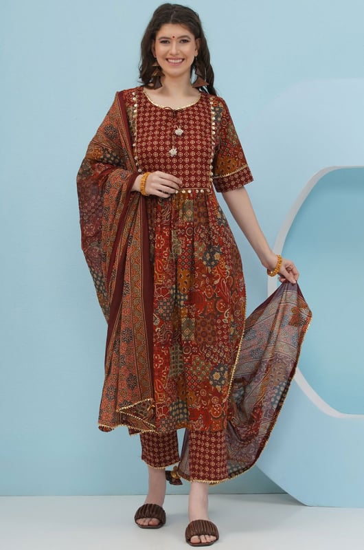 Rust Brown Embellished Cotton Readymade Pant Kameez