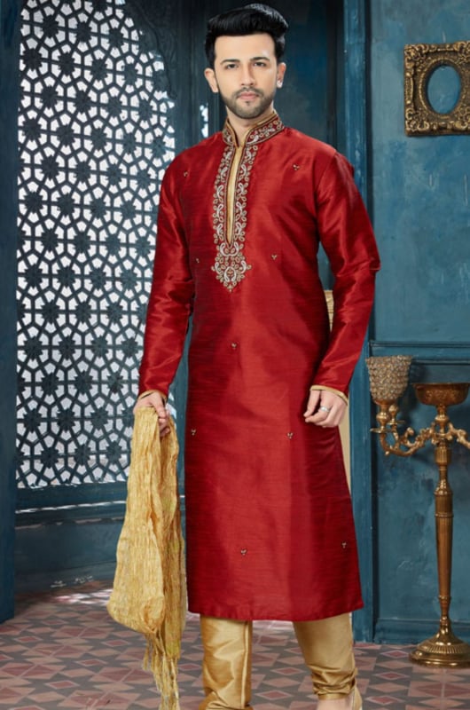 Rust Maroon Art Dupion Kurta Set for Festival
