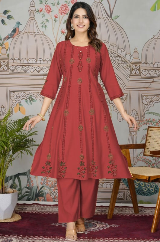 Rust Maroon Viscose Roman Silk Kurta with Bottm