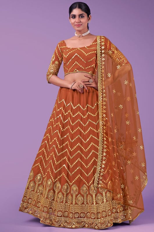 Rust Orange Georgette Designer Lehenga Choli for Wedding