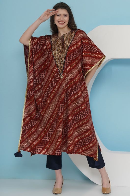 Rust Red Bandhani Kaftan Set