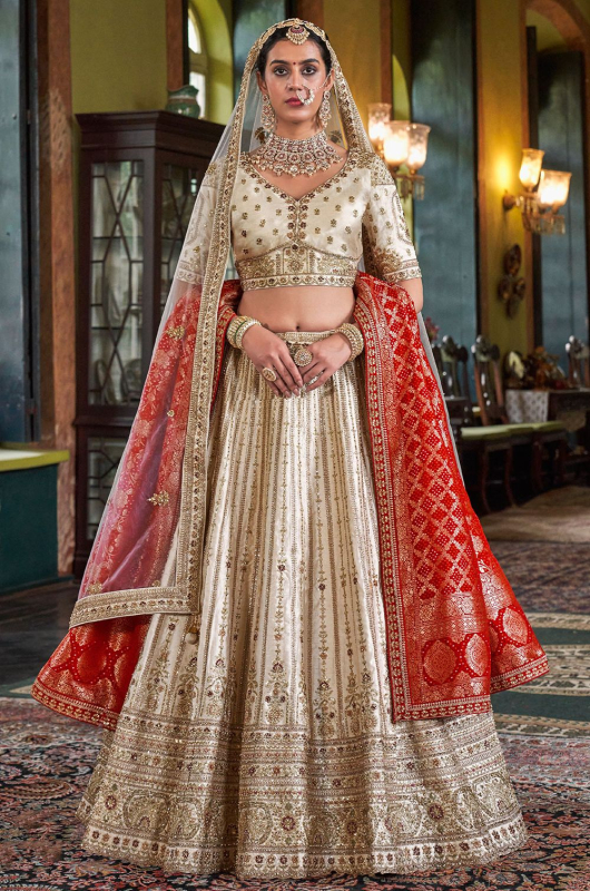 Sabyasachi Inspired White Embroidered Silk Bridal Lehenga Choli