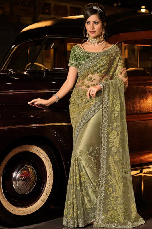 Sage Green Designer Hand Embroidered Saree for Ceremonial