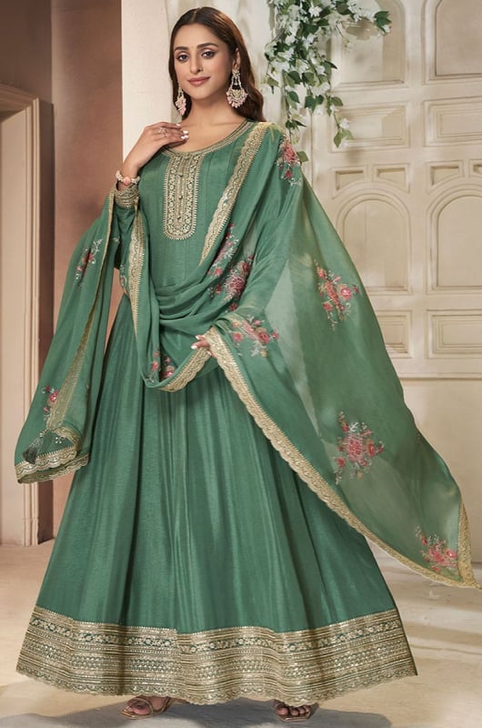 Sage Green Embroidered Dola Silk Anarkali Gown with Dupatta