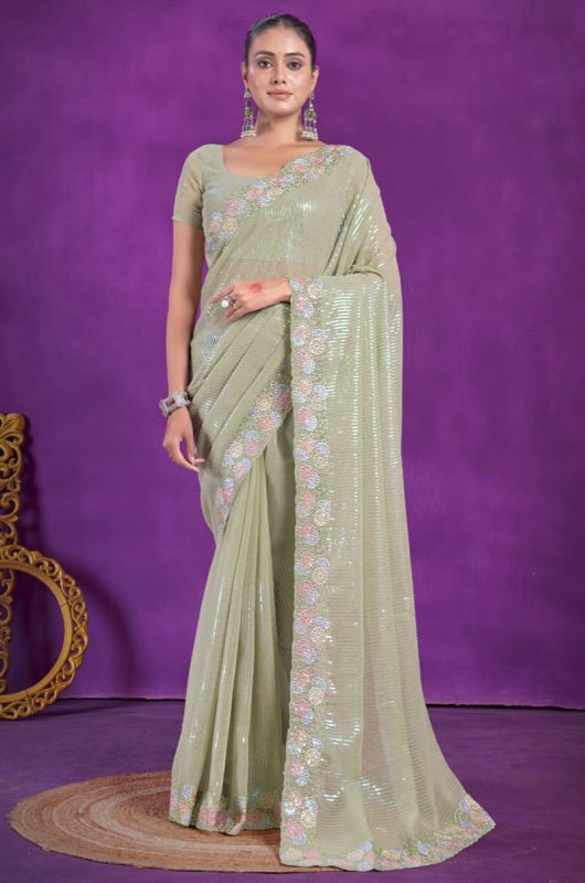 Sage Green Sequins Embroidered Shimmer Silk Saree