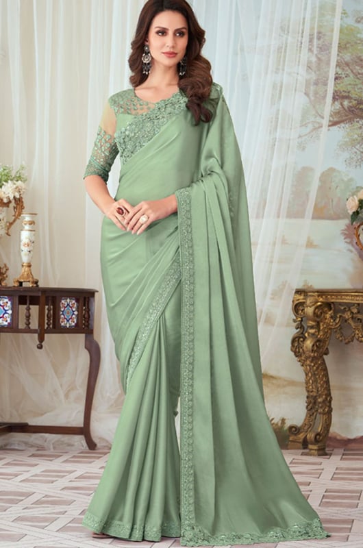 Sage Green Silk Saree with Embroidered Blouse for Wedding
