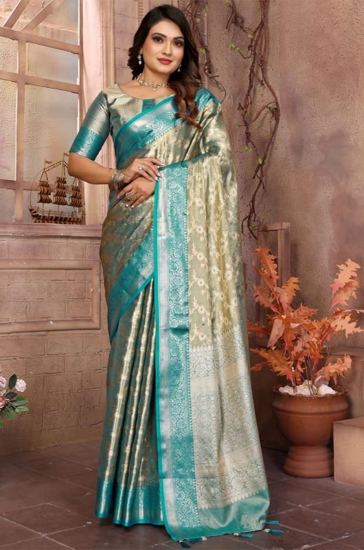 Sage Grey Woven Handloom Tissue Silk Saree