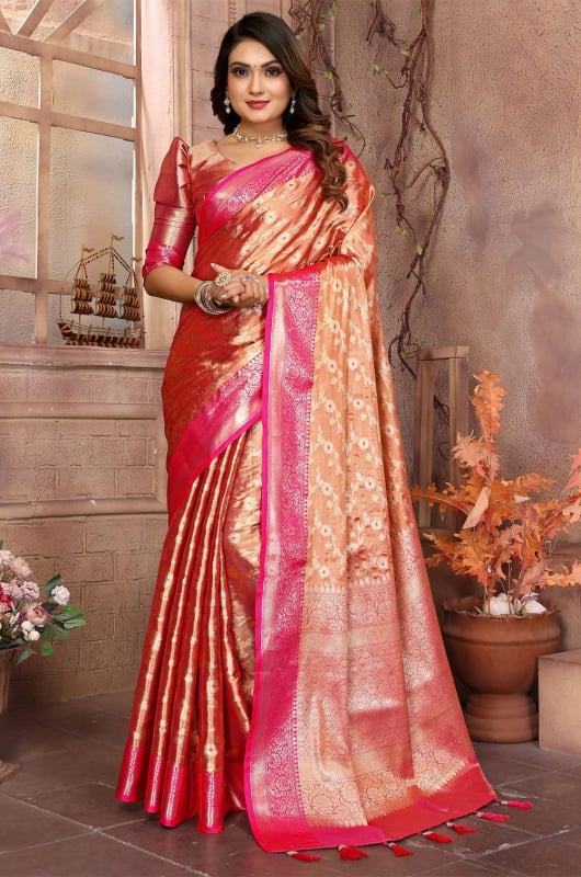 Salmon Orange Woven Handloom Tissue Silk Saree