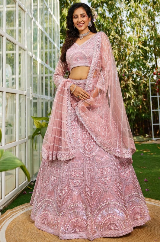 Salmon Pink Net Heavy Designer Lehenga Choli Set for Wedding
