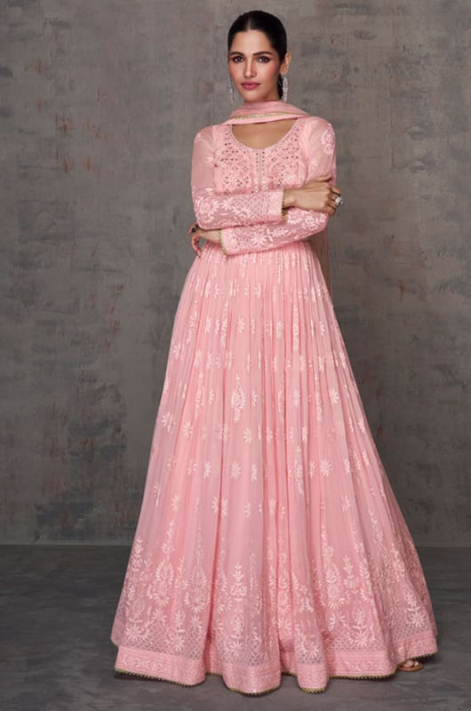 Salmon Pink Real Geoegette Anarkali Suit with Dupatta for Ceremonial