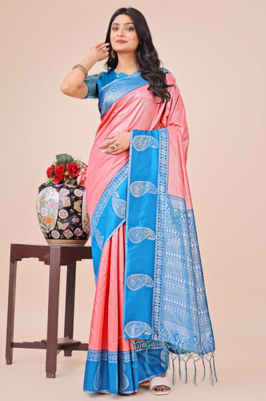Salmon Pink Silk Woven Saree