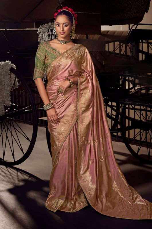 Salmon Pink Silk Zari Weaving Saree for Ceremonial
