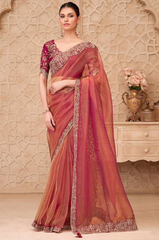 Salmon Red Georgette Silk Saree with Embroidered Blouse