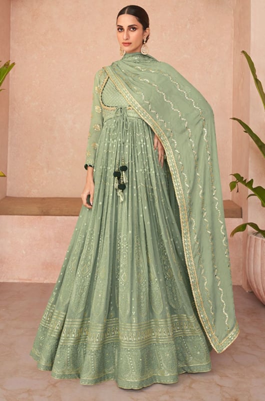 Sauf Green Real Georgette Heavy Embroidered Gown with Dupatta for Festival
