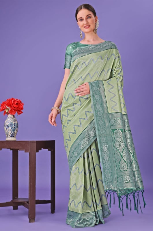 Sauf Green Silk Woven Saree