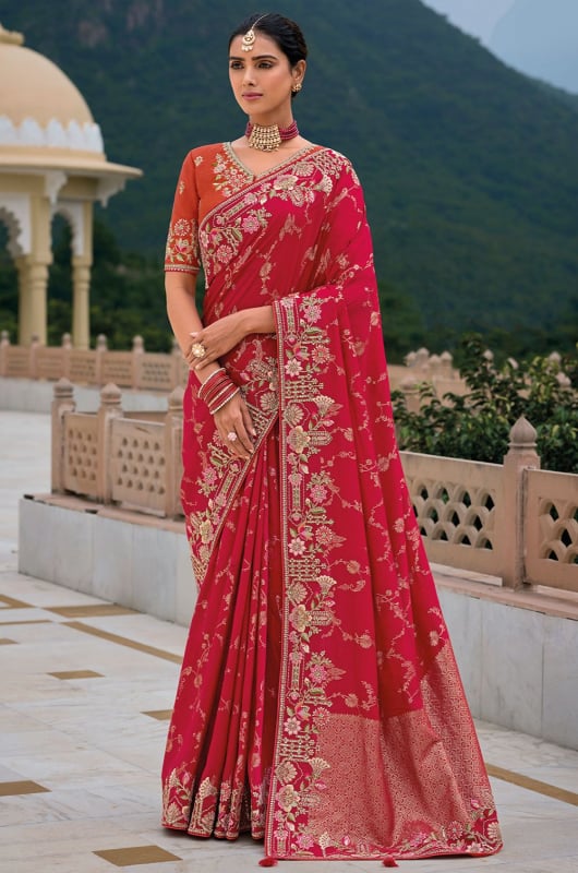 Scarlet Red Khatli Work Designer Silk Saree
