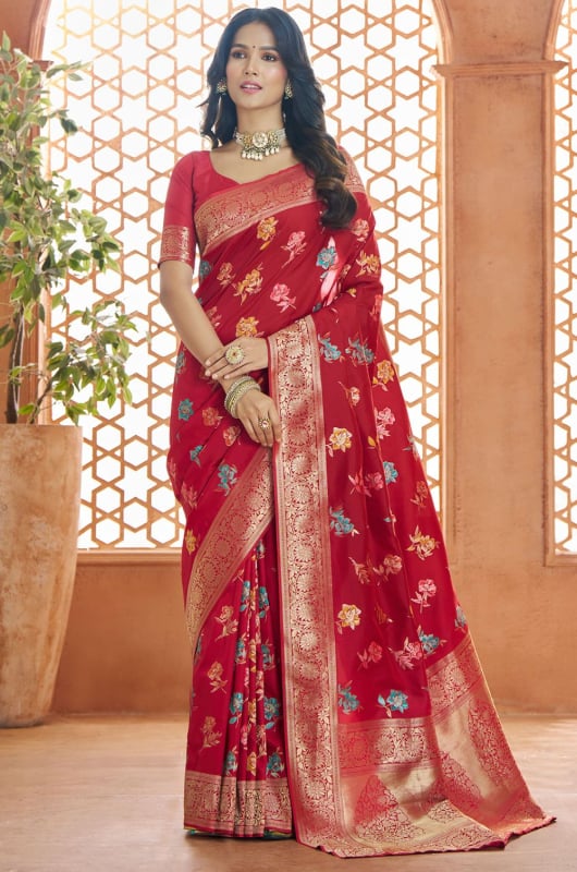 Scarlet Red Zari Woven Pure Banarasi Silk Saree
