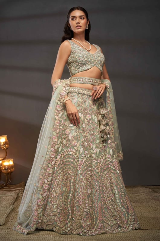 Pastel Green Embroidered Designer Lehenga Choli Set for Ceremonial