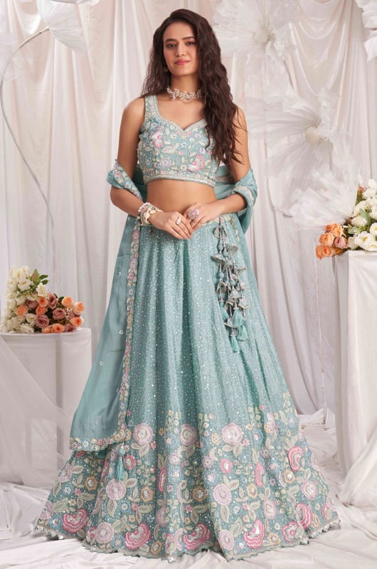 Sea Blue Embroidered Designer Lehenga Choli Set for Ceremonial