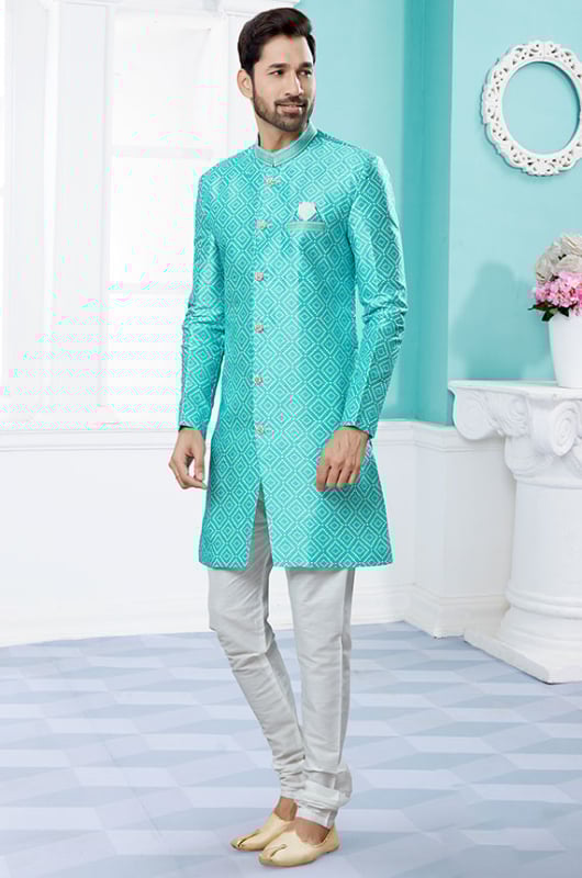 Sea Blue Jacquard Wedding Wear Sherwani