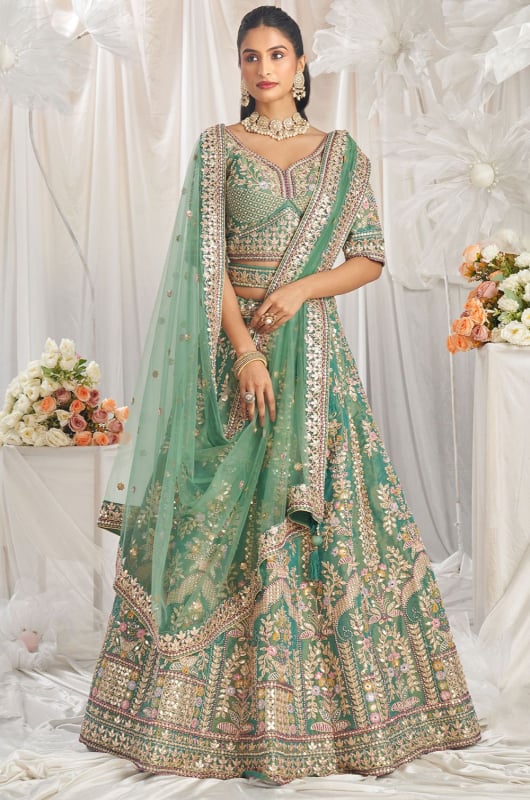 Sea Green Embroidered Tissue Bridal Lehenga Choli