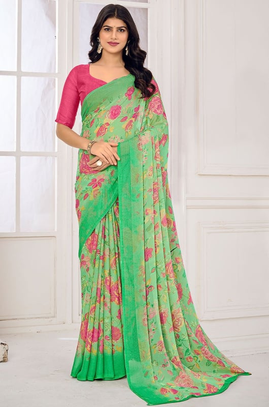 Sea Green Floral Print Chiffon Saree