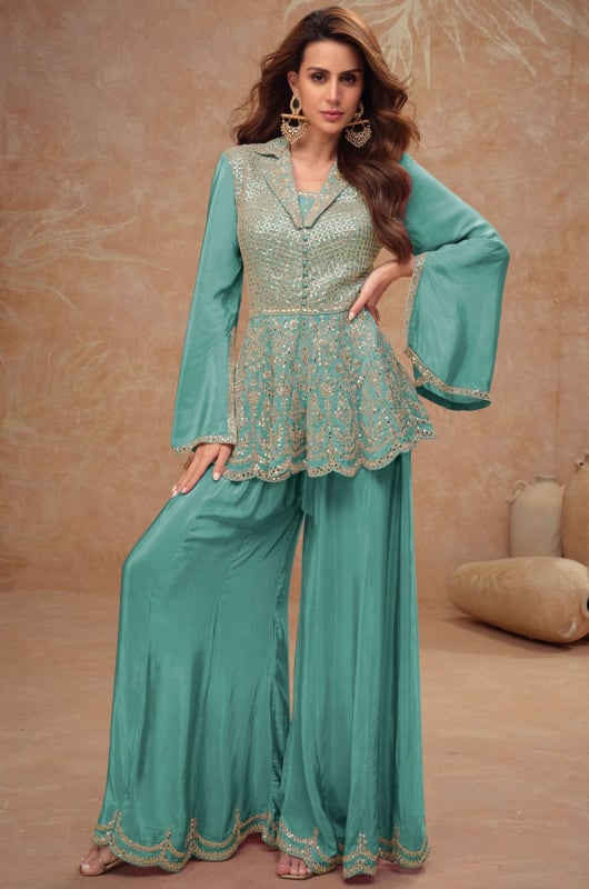 Sea Green Real Chinnon Designer Indowestern