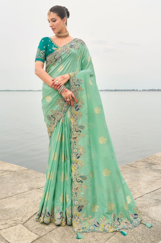 Sea Green Tissue Silk Embroidered Designer Saree