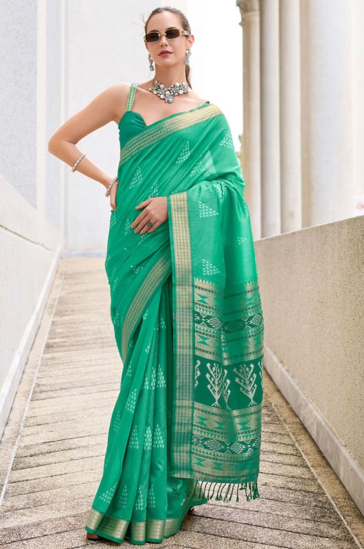 Sea Green Zari Woven Rayon Silk Saree