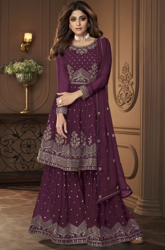 Shamita Shetty Burgundy Embroidered Georgette Sarara Kameez